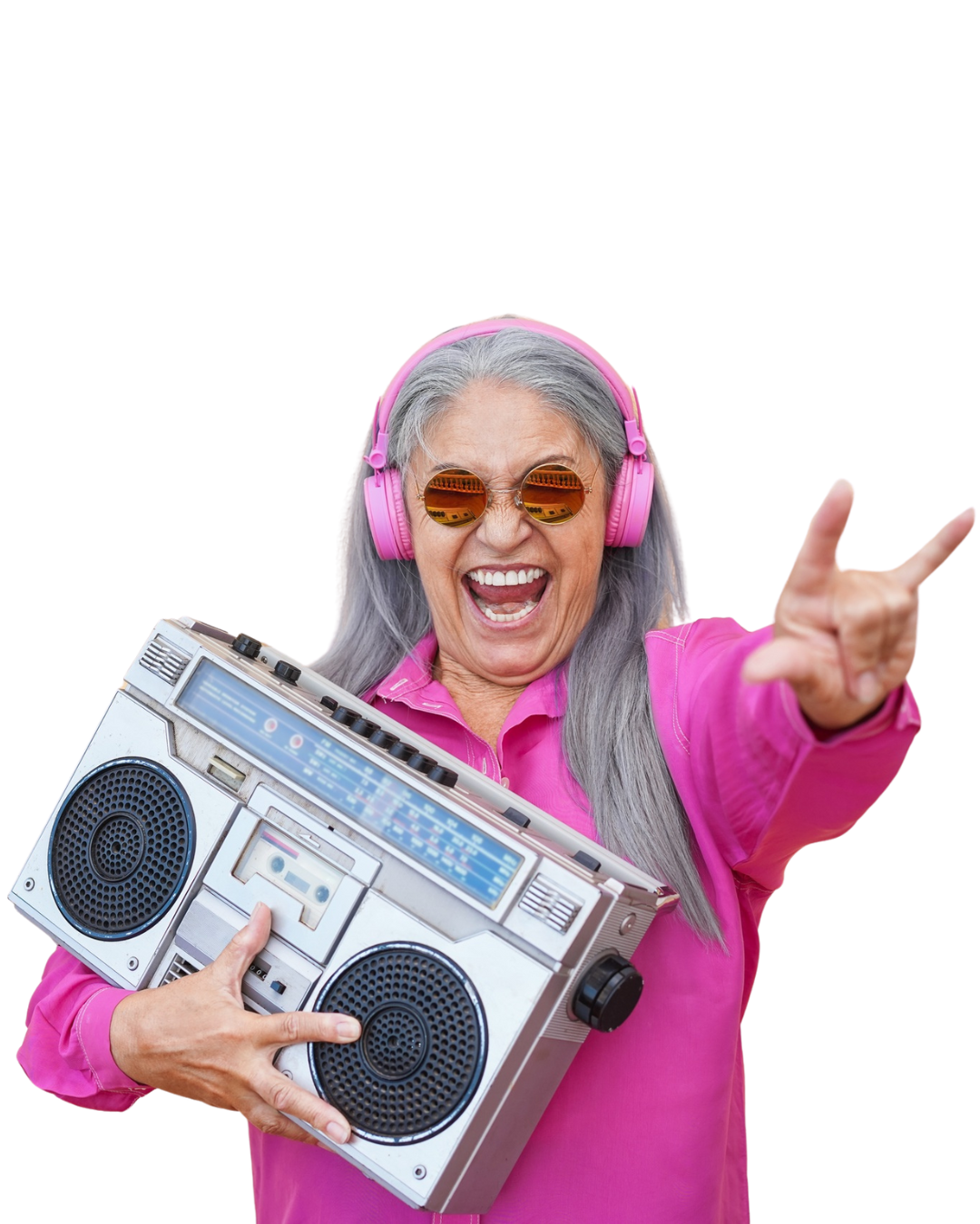 Happy senior woman listening rock music in boombox vintage stereo - Focus on face